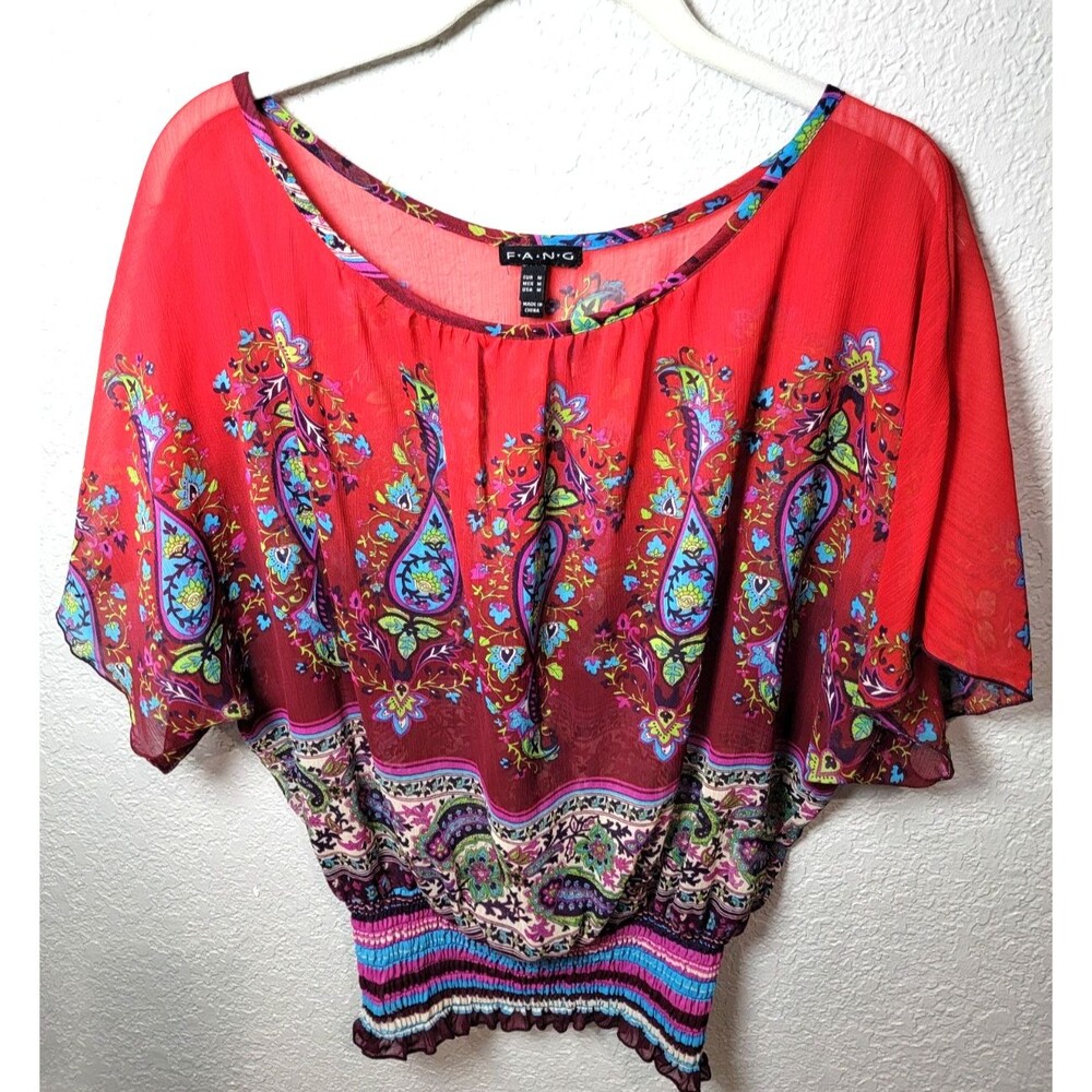F.A.N.G.‎ Sheer Boho Paisley Dolman Sleeve Smocked Waist Blouse Top Medium